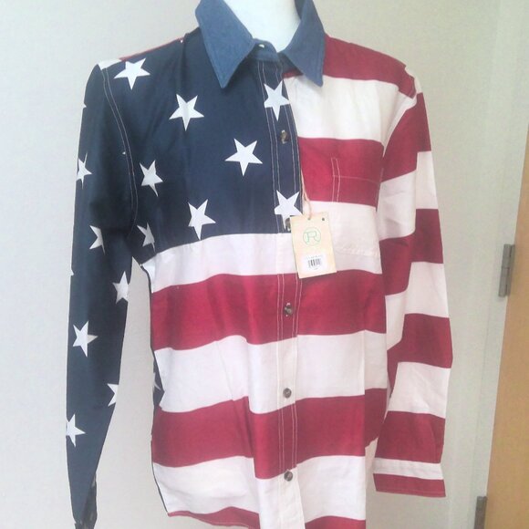 NEW Roper Western Button Up Long Sleeve Shirt Embroidered Flag Women's Large - Picture 1 of 8